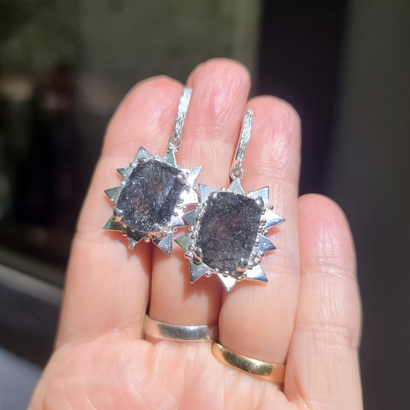 Rutilated quartz sterling SUNburst earrings - Picture 8 of 8